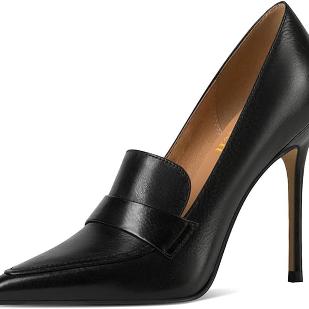 Women Loafer Pumps Faux Leather 8 Black Pointed Toe High Heels Office Dress